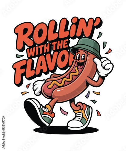 Cartoon Hot Dog Mascot with Bucket Hat and Sneakers Vector Illustration