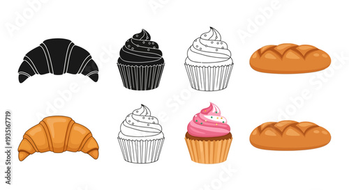 Collection of various baked goods including croissants cupcakes and loaves showing both solid silhouette and outline drawing styles for graphic design projects