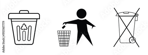 set of icons to prevent littering, recycle bin symbol for various products, simple icons can be edited isolated on a white background