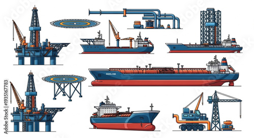 Oil Rigs and Tankers Illustration Set.