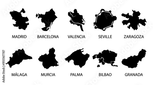 Collection of Major Spanish Cities Map Silhouettes: Madrid, Barcelona, Valencia, Seville, Zaragoza, Malaga, Murcia, Palma, Bilbao, Granada