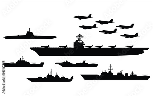 Naval Fleet Silhouette: Aircraft Carrier Submarine Warships and Fighter Jets