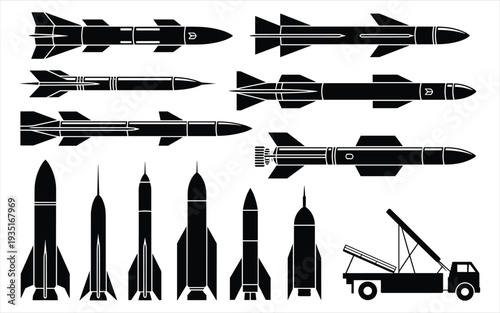 Missile Collection Silhouettes with Launch Vehicle Vector Illustration