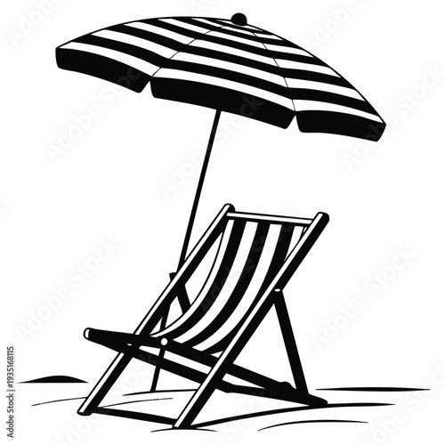 Chair with umbrella beach scene suitable for summer vacation seaside relaxation tropical travel holiday and resort illustration