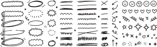 Scribble doodle underline emphasis line shape set. Hand drawn brush stroke highlight speech bubble cloud sparkle arrow element in childish drawing style. Simple vector illustrations. Editable stroke.