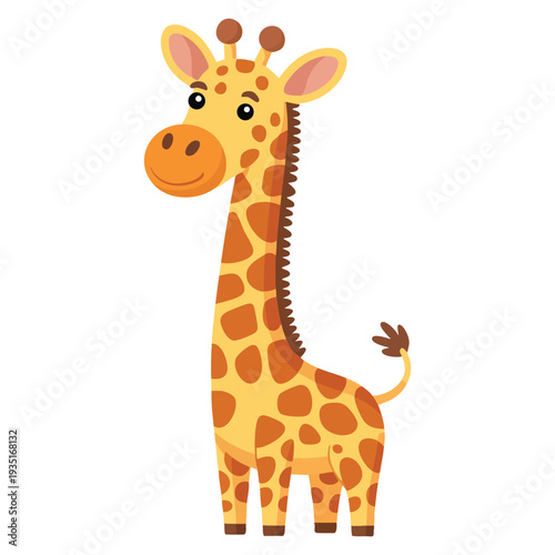 Cheerful cute cartoon giraffe standing tall against a white backdrop creating playful mood, charming animal character design for children visuals