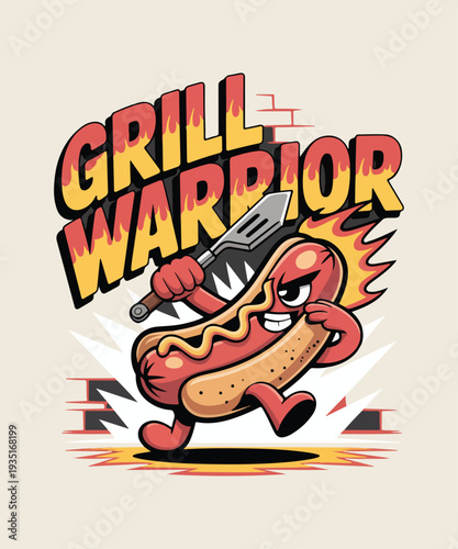 Grill Warrior Hot Dog Cartoon Mascot with Spatula and Flames Vector