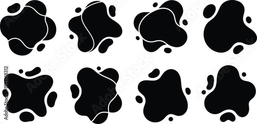Abstract liquid blob shapes set with organic ink splashes fluid paint stains modern vector illustration