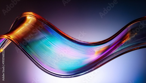 Abstract Flowing Transparent Glass Sculpture With Iridescent Light Reflections Creating A Dynamic Wavy Form Against A Solid Isolated Background