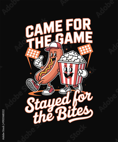 Cartoon hot dog and popcorn characters with stadium lights and text on black background