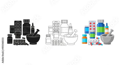 A collection of pharmaceutical icons displaying various medication containers blister packs capsules and a mortar and pestle in three distinct graphic styles
