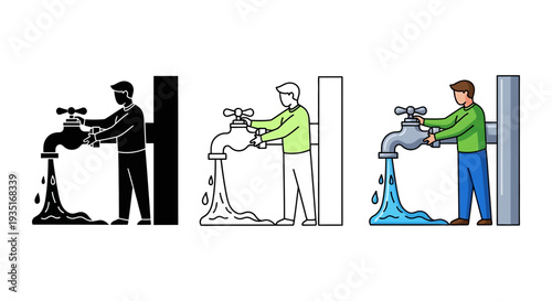 Collection of three distinct stylized illustrations showing a man actively engaging with a running water spigot symbolizing conservation awareness or plumbing maintenance tasks
