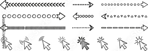 Doodle click icon and hand drawn arrows set. Doodle line mouse cursor. Vector illustration