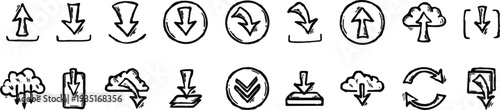 Download and upload file doodle icons set. Hand drawn sketch interface buttons. Cloud data server technology. Digital storage arrow pictogram.