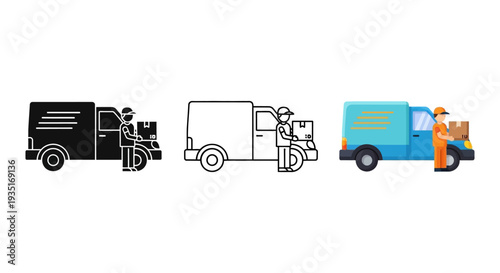 Collection of delivery service icons showcasing a courier holding a cardboard package standing next to a transport van in various visual styles