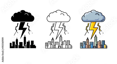 Collection of three distinct graphic styles illustrating a powerful thunderstorm striking a dense metropolitan city skyline with dramatic lightning bolts illuminating the urban landscape