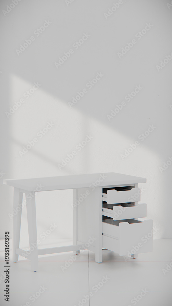 Fototapeta premium Compact wooden desk with three drawers and clean lines. Perfect for furniture catalogs, product visualization, interior design projects, and modern workspace decor presentations.