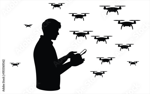 Silhouette of Man Controlling Multiple Drones from Remote Stock Illustration