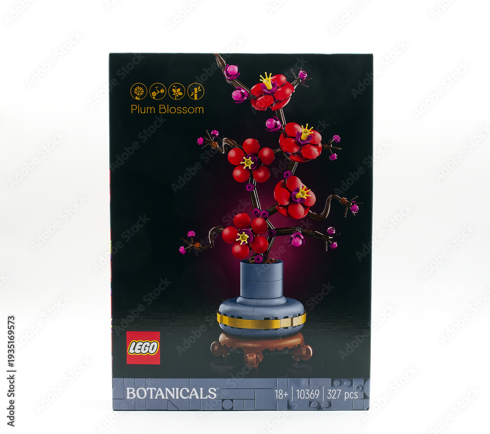 Fototapeta premium Bologna - Italy - March 3, 2026: LEGO Botanicals Plum Blossom set 10369 box packaging isolated on white background.