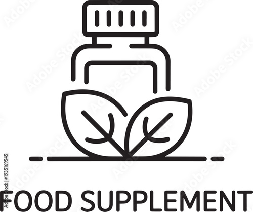 Simple line art icon of food supplement bottle with crossed fork and knife