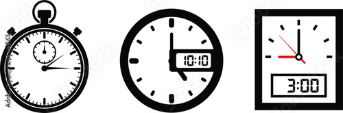 Analog and digital clock timer icon set with stopwatch wall clock time measurement symbols vector illustration