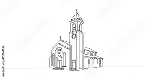 Grand church with tower and clock, religious building, continuous line drawing