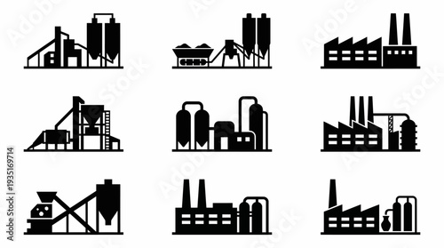 Set of industrial factory buildings and plants icons