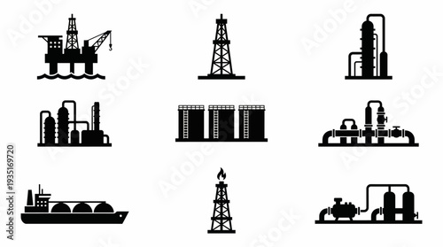 Collection of oil and gas industry icons, including offshore drilling rigs, onshore wells, refineries, and storage facilities for energy production and distribution