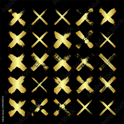 Golden grunge crosses, brush strokes, lines, ink smudges, hand-drawn scribble shapes. Handmade sketchy marks, acrylic stains, charcoal streaks. Paint textures, dry brush effect. Vector illustration