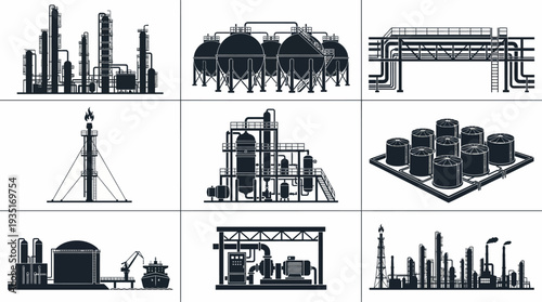 Illustrations of industrial facilities, oil and gas plants, and storage tanks showcasing energy production and infrastructure