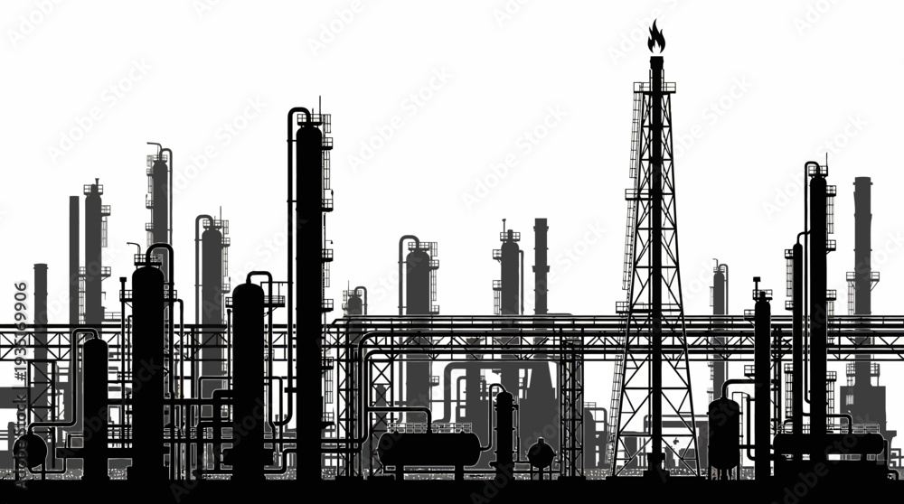 Obraz premium Silhouette of an industrial oil refinery with multiple towers and structures against a white background, representing heavy industry and energy production