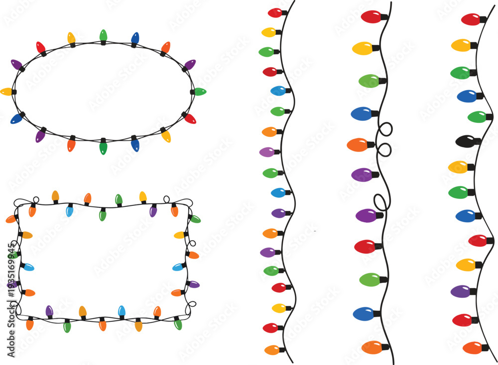 Naklejka premium Colorful Christmas String Lights Borders Vector Set