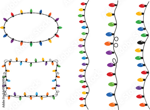 Colorful Christmas String Lights Borders Vector Set