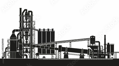 Industrial cement factory complex with large silos and conveyor belts, illustration representing manufacturing and heavy industry