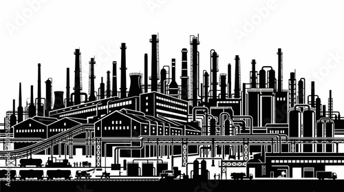 Industrial landscape with many factories and smokestacks under a clear sky
