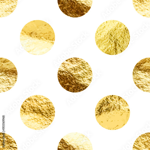 Gold foil seamless texture, shiny handmade circles. Golden glittering pattern. Shining hand drawn background. Wedding, greeting card decoration elements. Modern minimalist art. Vector illustration