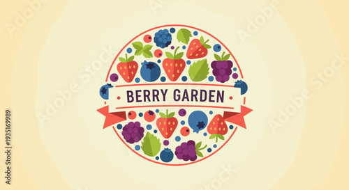 Berry Garden Logo with Fruits and Ribbon.
