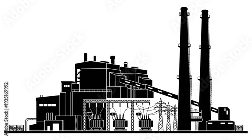 Industrial power plant with tall smoke stacks and electrical transformers, a silhouette of heavy industry
