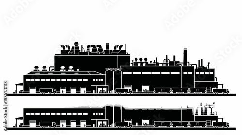 Industrial plant silhouette with detailed architectural elements and multiple buildings viewed from a distance