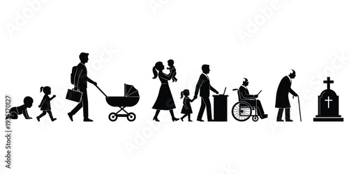 Flat vector illustration of human life cycle silhouettes, baby child adult parent elderly wheelchair gravestone stages existence artwork design