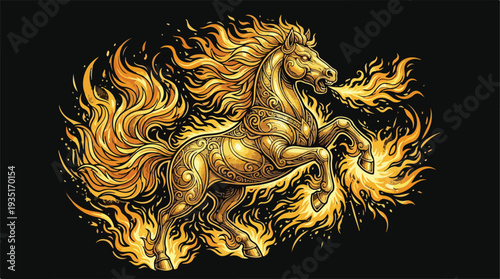 Golden Horse of Fire Breathing Flames.