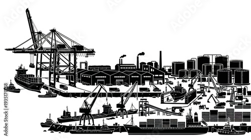 Industrial harbor scene with cargo ships, cranes, and storage tanks, illustrating global logistics and trade