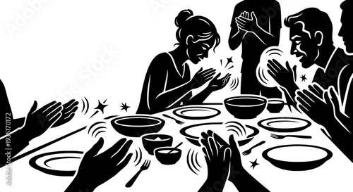 group of people sitting around a dinner table and clapping. Joyful family celebration or community banquet scene.
