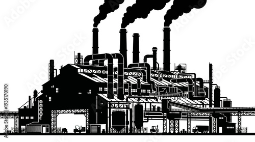 Illustration of a large industrial factory complex with multiple smokestacks emitting dark smoke into the air, depicting heavy industry and manufacturing processes