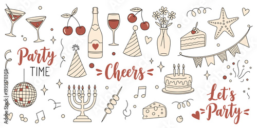 Flat vector illustration of party celebration elements, cocktails wine cake disco ball hats menorah music decorations festive gathering design