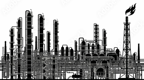 Silhouette of an industrial refinery complex with a flaming torch