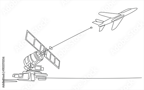 Satellite Dish Antenna Communicating with Jet Airplane via Signal Line