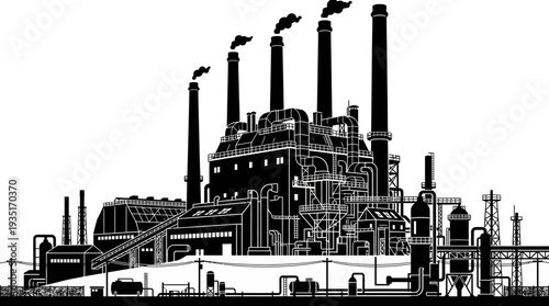 Industrial Factory Complex Silhouette with Smoking Chimneys, Representing Manufacturing and Production Processes