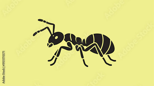 Black Ant Silhouette on Yellow Background.
