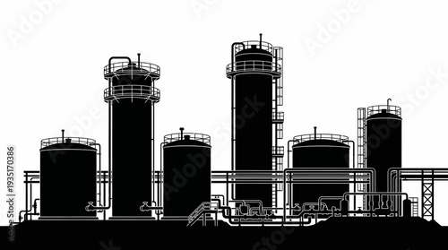 Industrial plant with storage tanks and pipes, silhouette of chemical factory complex